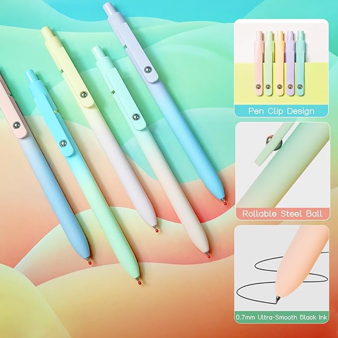 UIXJODO Gel Pens, 10 Pcs Black Ink Pens for Women, 0.7mm Medium Point Smooth Writing Pens with Silicone Grip, High-End Series Metal Clip Retractable Pens for Journaling Note Taking (10 Pcs Pastel)