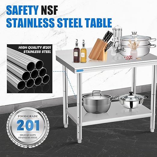 Stainless Steel Table for Prep & Work with Backsplash 24 x 30 Inches NSF Metal Commercial Kitchen Adjustable Under Shelf Worktable for Restaurant Home Outdoor