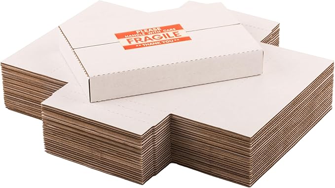 9x6x1.3 inch DVD Shipping Boxes, Multi-Depth Small Box for Mailing, Storing, Package, Gifts, Crafts, Business or Home, with Fragile Stickers, White, 25-Pack