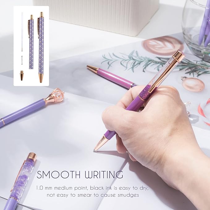 10 Pcs Glitter Ballpoint Pens,Comfortable Writing Pens,Metal Retractable Pretty Journaling cute Pens bulk, Black Ink Medium Point (1.0mm)