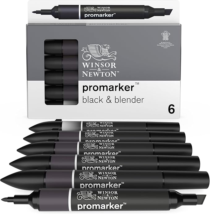Winsor & Newton ProMarker Set, 6 Count, Blacks + Blender