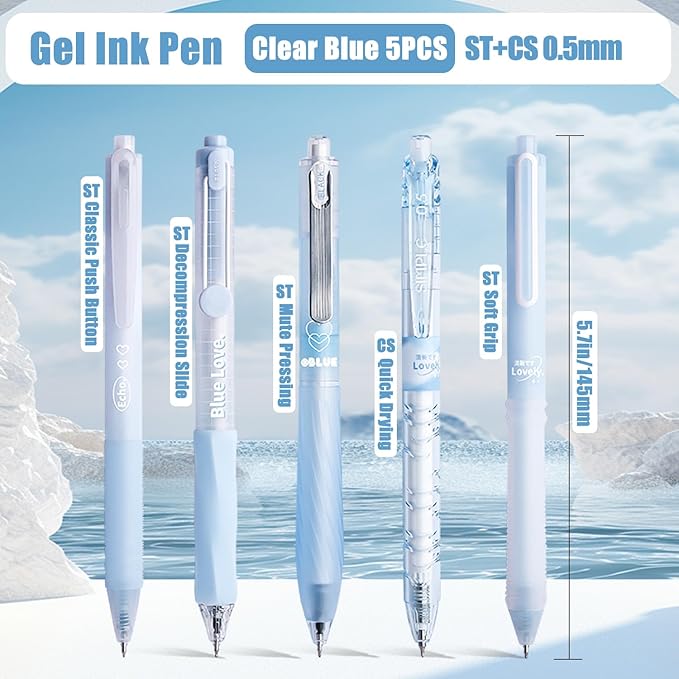 10 Count Pastel Gel Ink Pen Set,Cute Note Taking 0.5mm Fine Point Retractable 10 Count Black Ink Pens with for Writing, Journaling, School, Office (Blue)
