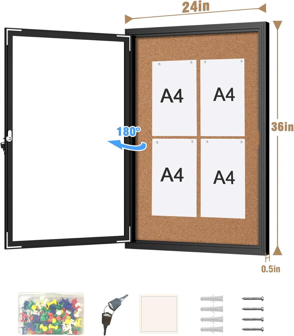 36"x24" Enclosed Bulletin Board, Outdoor Lockable Weather-Resistant Aluminum Cork Noticeboard for School & Office Hospital, Black Frame w/Cork