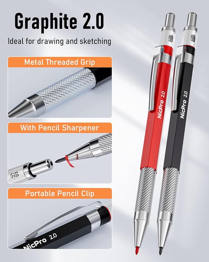 Nicpro 15 Pack Carpenter Pencil Set with Sharpener, Mechanical Carpenter Pencils with 40 Refill, Automatic Center Punch and Carbide Scribe Tool, Heavy Duty Construction Pencil for Architect-With Case