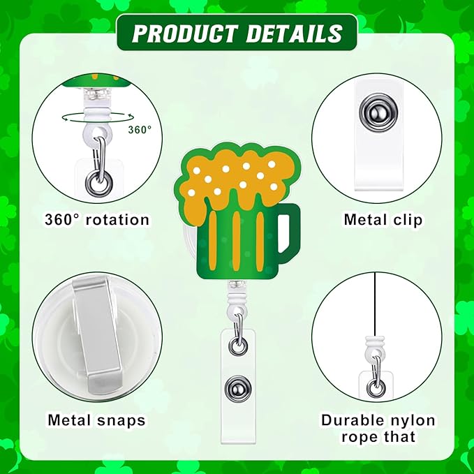NACHLYNN 8 Pcs St. Patrick's Day Acrylic Retractable Badge Reels Cute Felt Nurse Badge Reel Holders Name ID Accessories with Retractable Cord for Teacher Student Nurses Gifts