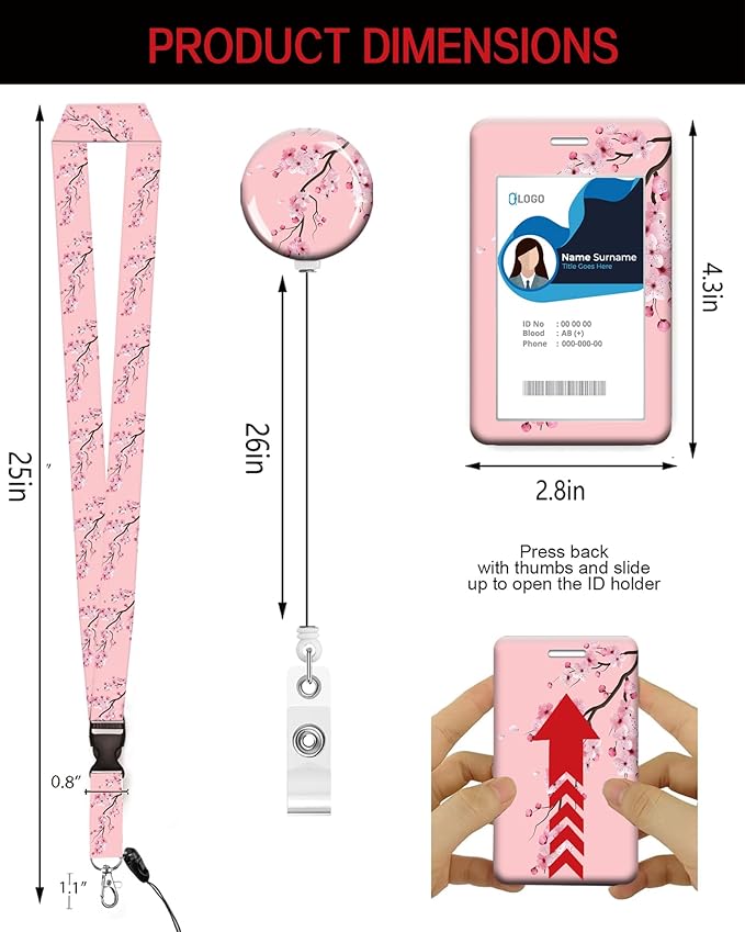 ID Badge Holder with Retractable Lanyard and Keychain, Badge Reel with Rotate Carabiner Clip,Pink Blooming Flower Card Name Tag Lanyard ID Protector Bage Clips for Student, Women, Office