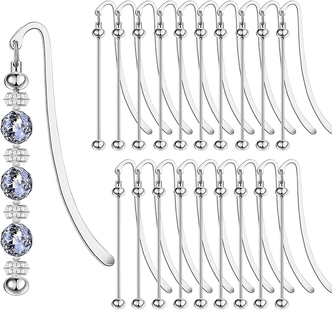 20 Pack Beadable Bookmarks with Bar Bulk Metal DIY Blank Bookmark for Beads Jewelry Pendants Charms Modern Beading Book Make Marks Craft for Book Lovers Office Supplies (Silver)