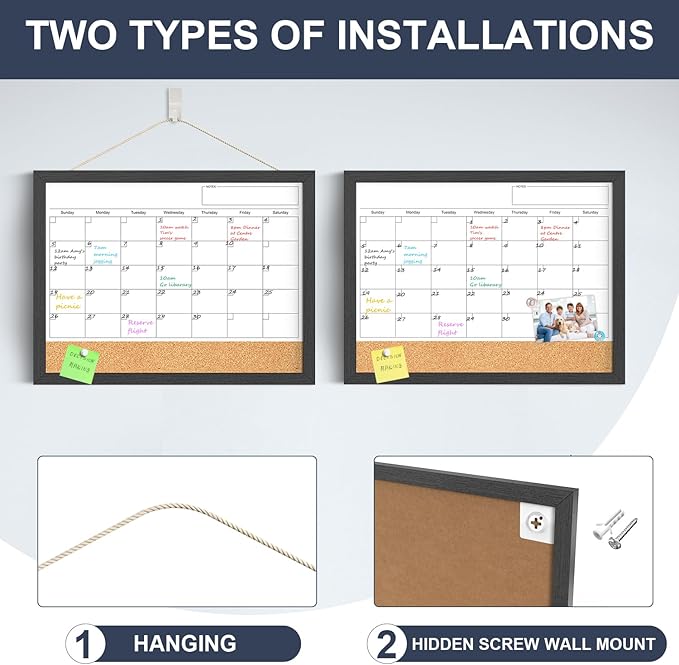 Dry Erase Calendar for Wall, 17"x13" Dry Erase Calendar Cork Board Combo, Magnetic White Board Monthly Calendar with Wood Framed, Hanging Dry Erase Board for Planner Office Kitchen Home Memo