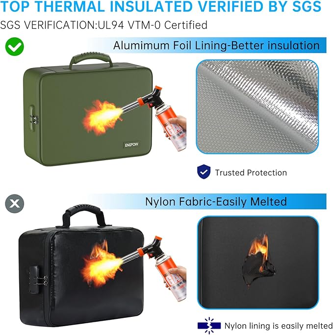 ENGPOW 5200℉ Fireproof File Organizer Bag with 13 Pocket Accordion File Folder,Document Organizer Box with Lock&Labels,Multi-Layer Portable Home Travel Safe Storage for Important Documents,Green