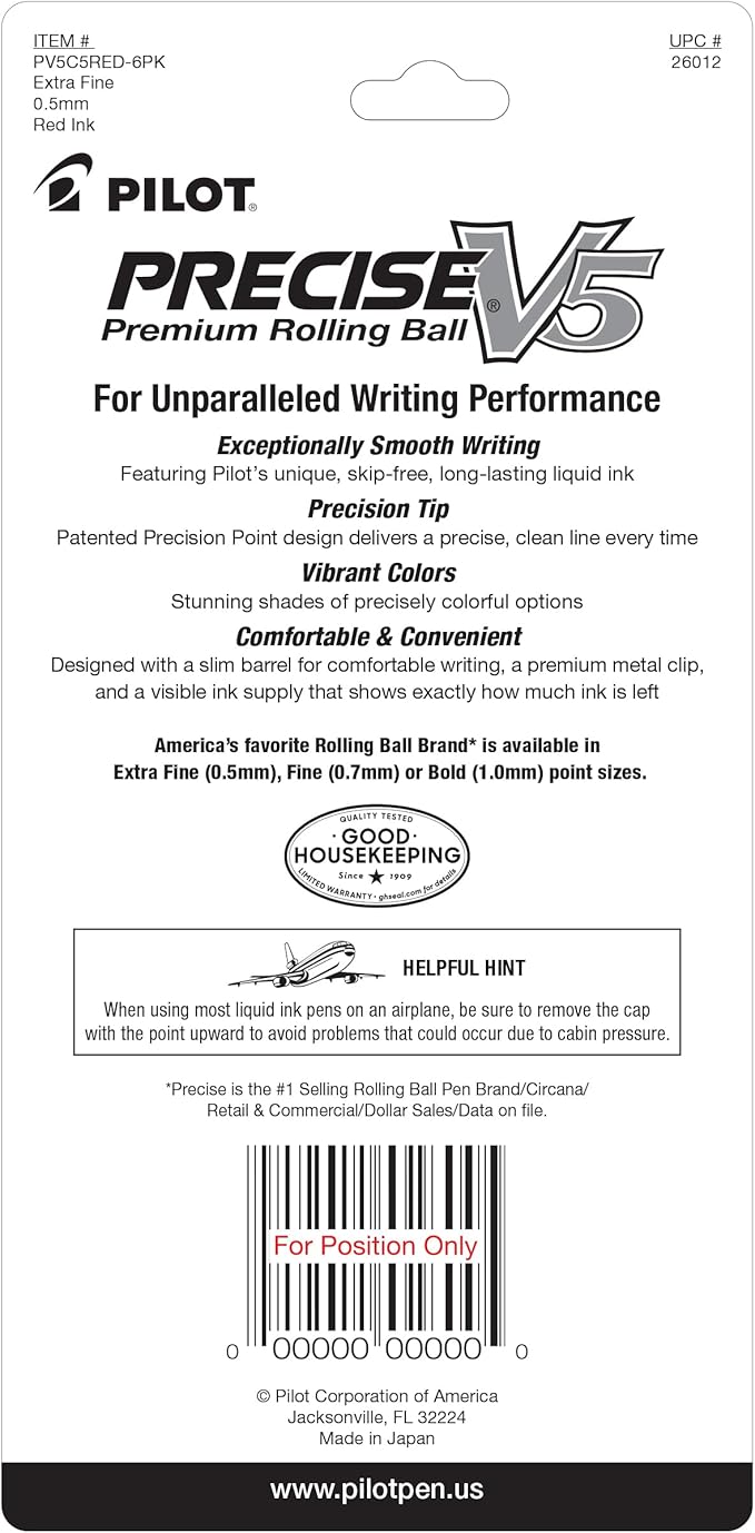 Pilot, Precise V5, Capped Liquid Ink Rolling Ball Pens, Extra Fine Point 0.5 mm, Red, Pack of 5