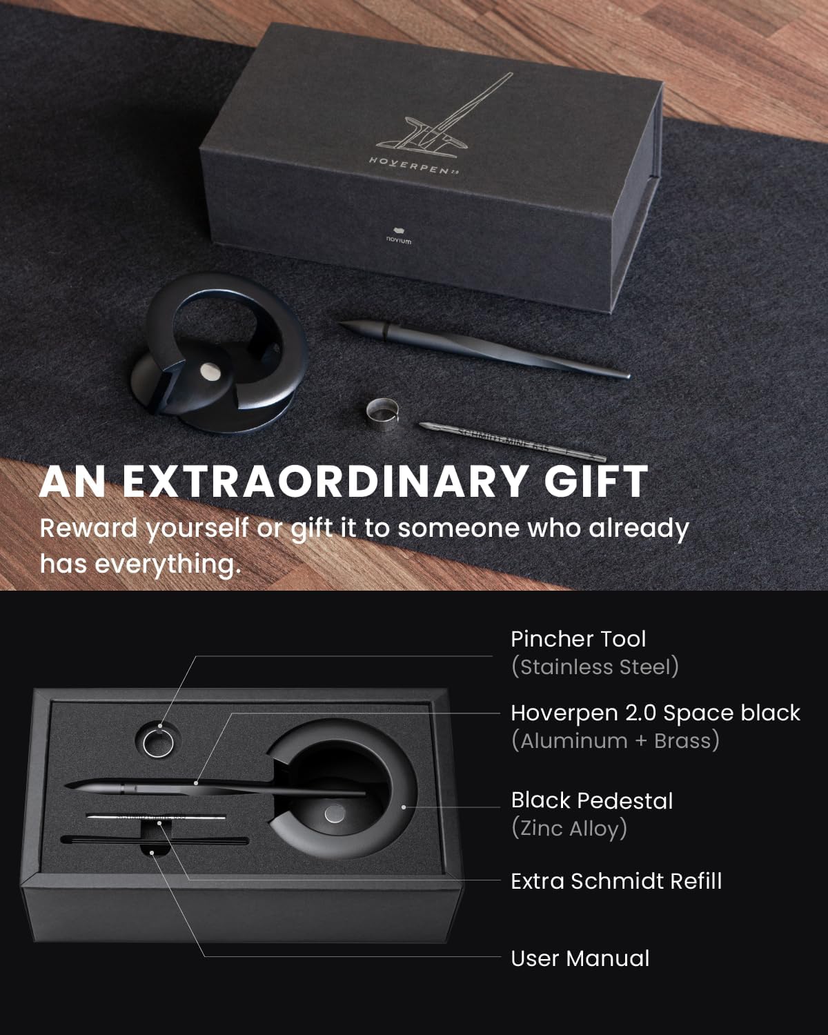 novium Hoverpen Interstellar - Space Black, Ballpoint Pen, Unique Conversational Starter, Premium Futuristic Design, Precision Flow Ink, Schmidt Ballpoint Cartridges