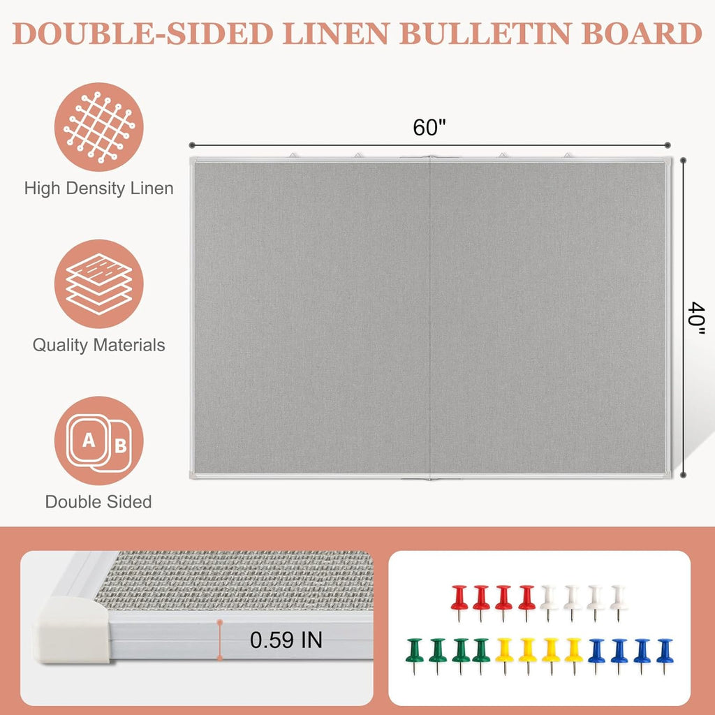 Double-Sided Large Cork Board with Linen, 48" x 36" Foldable Hanging Aluminum Framed Bulletin Board, Vision Board Pin Board Corkboards for Walls, Office, School Decor, 20 Pushpins