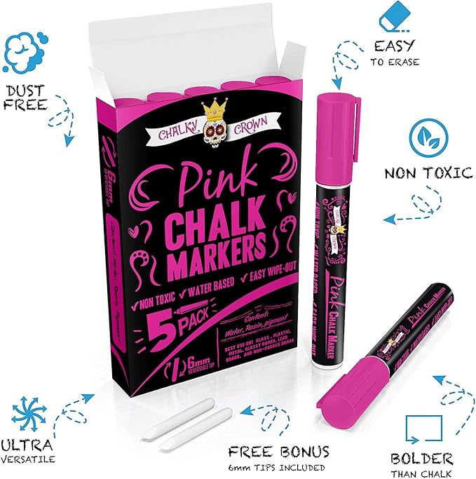 CHALKY CROWN Liquid Chalk Marker Pen - Dry Erase Marker - Chalk Markers for Chalkboard Signs, Windows, Blackboard, Glass - 6mm Reversible Tip (Pink, 5 Pack)