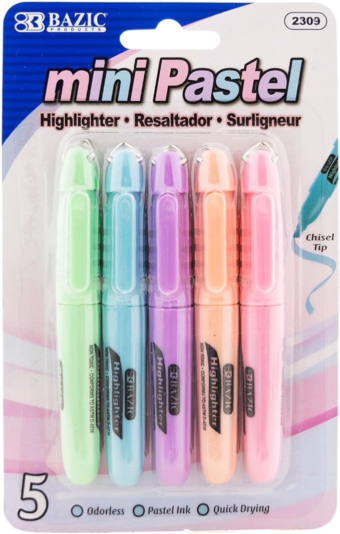 BAZIC Mini Highlighter Pen Pastel Color, Chisel Tip Broad Fine Line Highlighters Unscented (5/Pack), 144-Packs