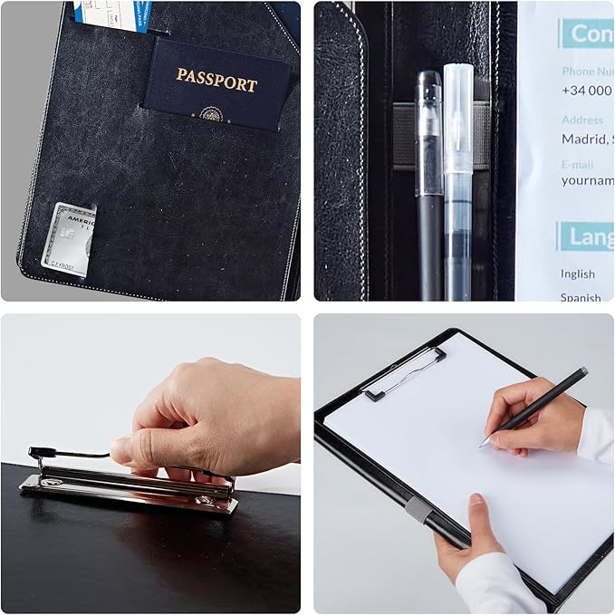 PU Leather Padfolio Clipboard Notepad with Pen Loop and Elastic Strap Interview/Resume Document Organizer for Business School Office,Elephant with Flowers