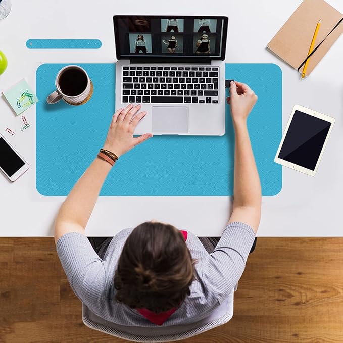 Boutilon Leather Desk Pad 24"x 14" Non-Slip Mouse Pad,Office Desk Mat,Waterprooft PU Leather Desk Blotter,Desk Pad Protector,Desk Writing Pad for Home Office Decor (S-Blue)