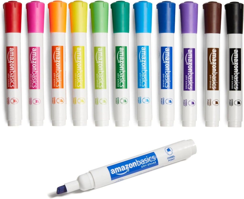Amazon Basics Dry Erase Markers For Whiteboards, Chisel Tip, Low-Odor, Assorted Colors, Pack of 12