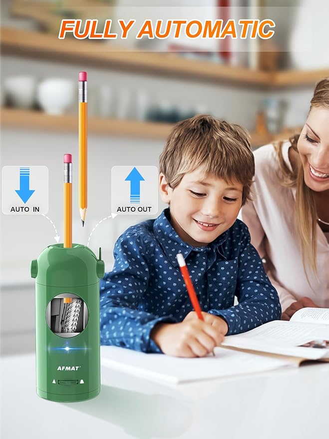AFMAT Electric Pencil Sharpener for Colored Pencils 7-11.5mm, Fully Automatic Pencil Sharpener, Auto in & Out, Rechargeable Hands-Free Pencil Sharpener for Large Pencils, Sketch Pencils, Green