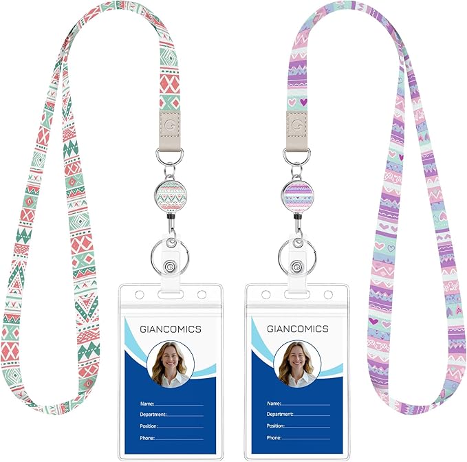 Giancomics Boho Lanyards for Id Badges, Cute ID Badge Holder with Retractable Reel, Waterproof Lanyards for Cruise Ships Cards Key Office Work Name Tag Zip Type Card Holder Protector 2 Pack