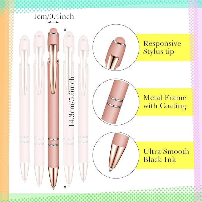 Zonon 38 Pieces Rubberized Ballpoint Pen with Stylus Tip Stylish Metal Pen Capactive Styli with Soft Rubberized Grip, Black Ink for Most Devices(Rose Gold)