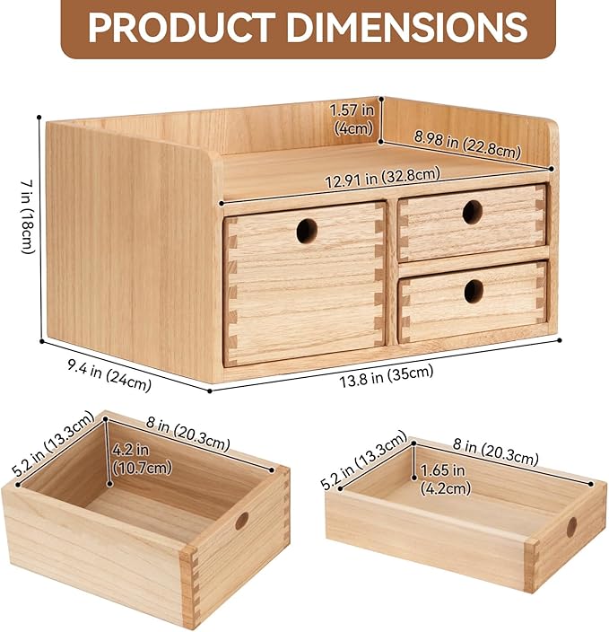 KIRIGEN Desk Organizer with 3 Drawers - Wood Drawer Storage Box with Trays for Tabletop - Workspace Office Toiletries Supplies Tool Caddy - Wooden Storage Cabinet Natural（DT1D3C-NA）
