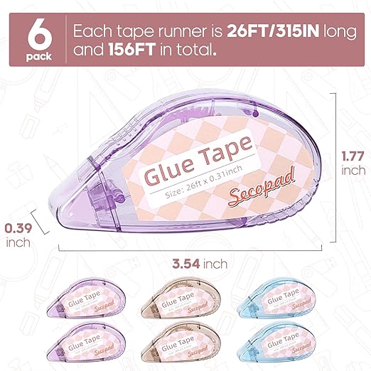 Scrapbook Tape, 6 Pack Double Sided Tape Roller for Crafts, Adhesive Glue Runner Scrapbooking Supplies Journaling School Office Supplies for Kids and Adults, 0.3IN x 26FT