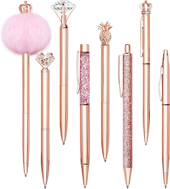 WEMATE 8Pcs Ballpoint Pens Set Metal Crystal Diamond Pen Glitter Pen for Journaling Pen Bling in Black & Blue Ink Pretty Cute Pens Fancy Pens Gifts for Women Wedding School Office Desk (Rose Gold)