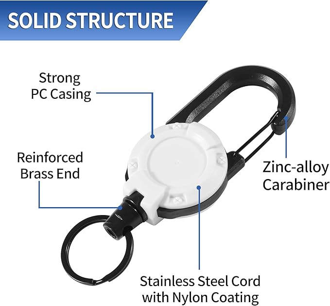 Heavy Duty Retractable Keychain,Multitool Carabiner Badge Holder,Tactical ID Badge Reel with 23.6” Steel Retractable Cord for Men and Women（Black and White Combo）