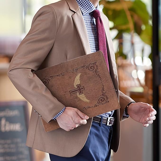 Christian Cross PU Leather Padfolio Clipboard Clip Business Resume Portfolio A4 Folder Interview Legal Document Organizer Business Card Holder Letter Sized Writing Pad