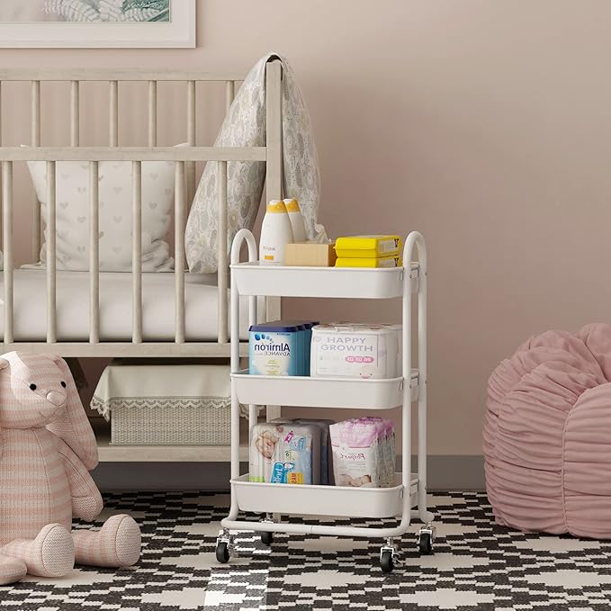 3-Tier White Utility Rolling Cart,Kitchen Storage Carts with Wheels,White Metal Rolling Cart for Office,Home,Kitchen,Garden（18"x11.4"x31.2"）