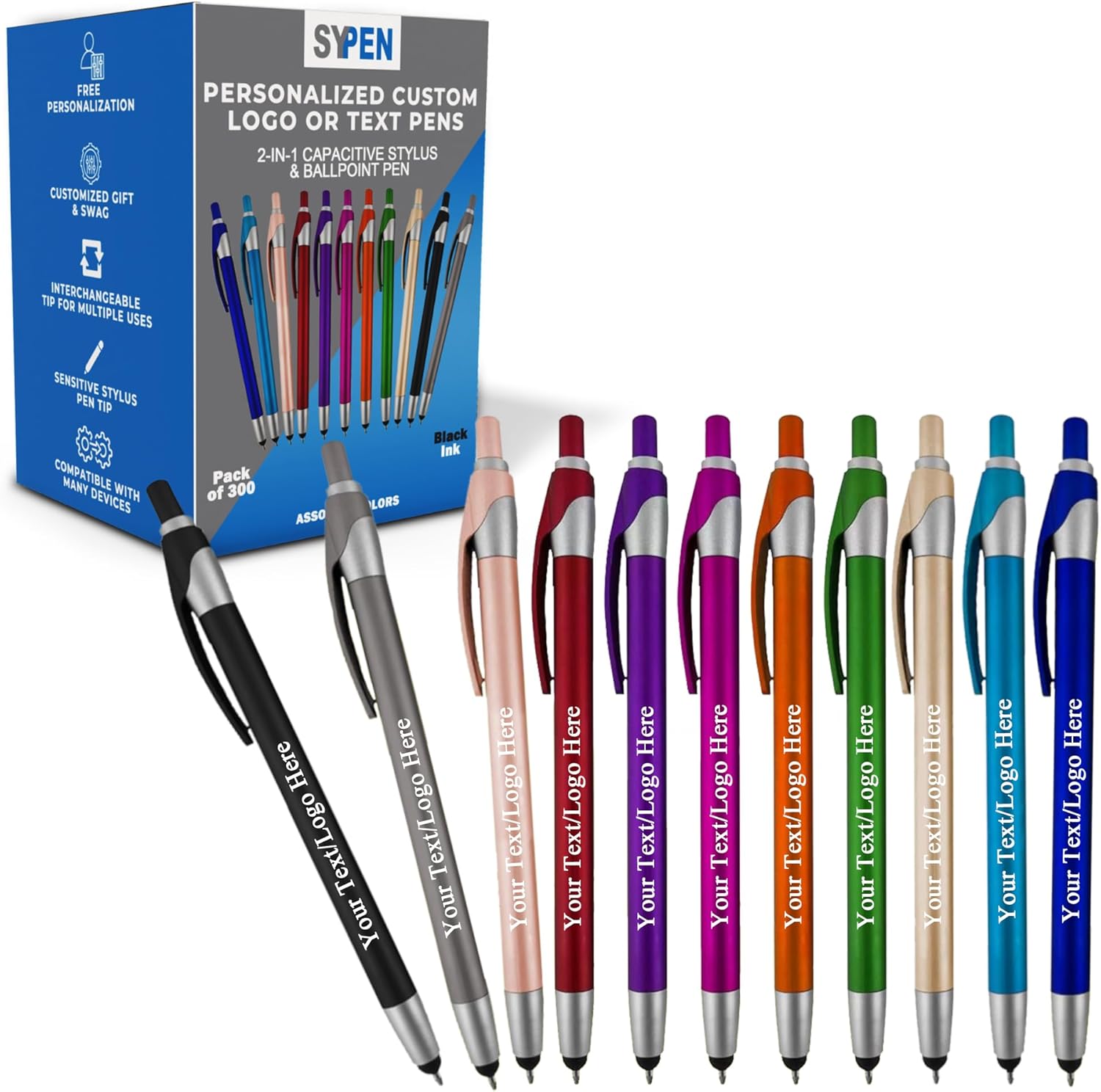 Personalized with Your Custom Logo or Text Pens-Pack of 300- for Marketing, Parties, and Events, 2 in 1 Capacitive Stylus & Ballpoint Pen Compatible with Touchscreen Devices, Black Ink, Assorted