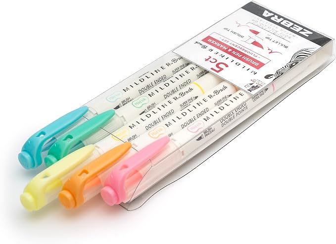 Zebra Pen Mildliner Brush Marker, Double Ended Brush and Fine Tip Pen, Assorted Fluorescent Colors, 5 Pack