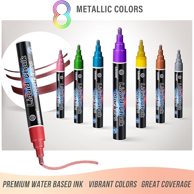 Metallic Chalk Markers Erasable for Chalkboard, Liquid Chalk Marker 8 Colors with 6mm Reversible Bullet & Chisel Tip, Dust Free Chalk Pens for Window, Blackboard, Whiteboard, Calendar, Mirror, Glass