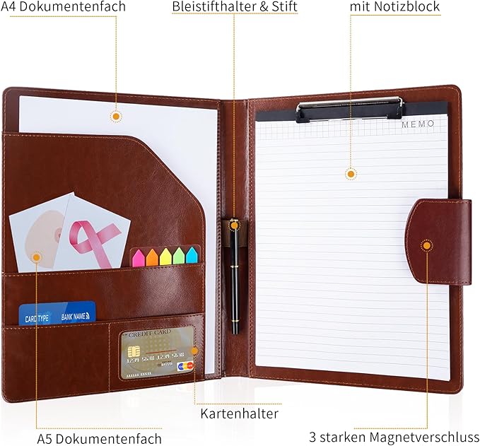 PU Leather Padfolio,A4 Leather Folder Binder Storage Clipboard with Magnetic Closure Cover,Business Resume Folder with Luxury Pen,Notepads,Sticky Tabs for Interview,Conference,Gift Portfolios (Brown)