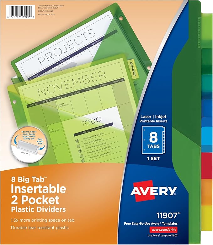 Avery Dividers for 3 Ring Binders, 8-Tab Sets, Two-Pocket Plastic Binder Dividers with Tabs, Multicolor, 1 Set (11907)