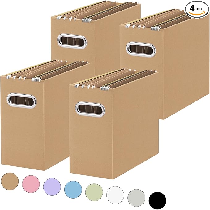 Oterri File Organizer, Small Storage Box, Cardboard File Folder Organizer, Collapsible File Box, Hanging File Organizer for Letter Size, Portable File Box with Handle, Only Box (Brown, 4 Packs)