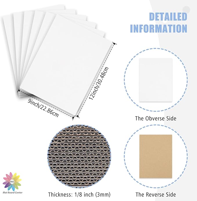Mat Board Center, 25 pack 9x12 Corrugated Cardboard sheet, 1/8 inch thick, Flat Cardboard Inserts for Mailing, Packaging & Shipping, Cardboard Backing, Craft Card Board (White on one side)