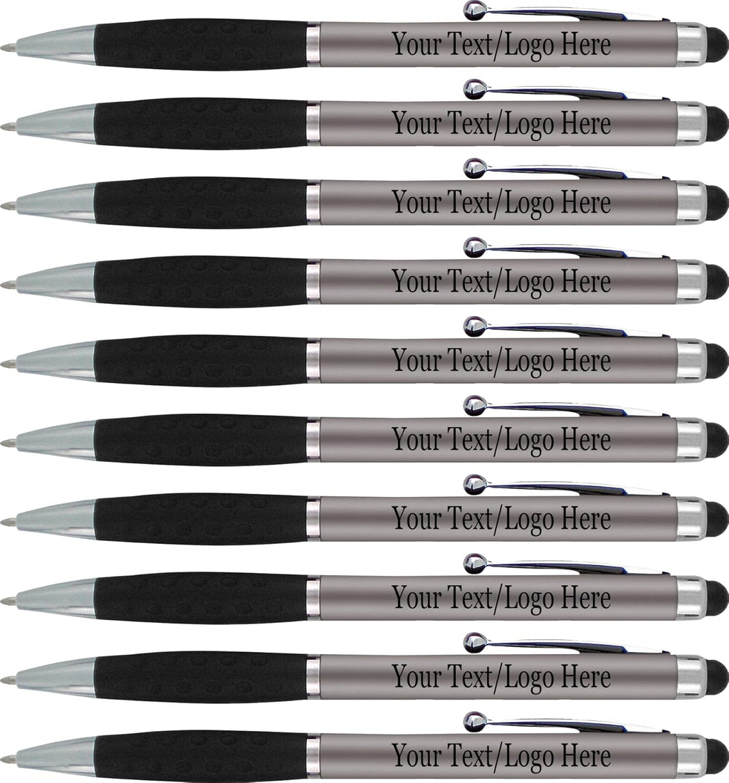 Personalized Pens With your Custom Logo or Text-300 Pack Bulk-for Businesses, Parties, and Events, 2 in 1 Ballpoint Pen & Stylus Compatible with Touchscreen Devices, Grey Barrel, Black Ink