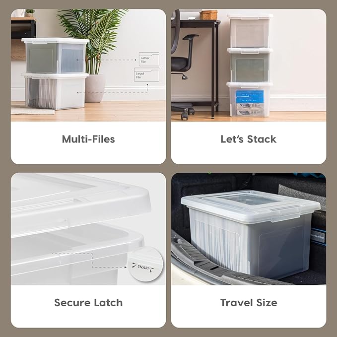 IRIS USA File Box File Organizer Plastic File Box for Letter/Legal File, BPA-Free Plastic Storage Bin Tote Organizer with Durable and Secure Latching Lid, Stackable, Nestable, Pearl 35 Qt. 4 Pack