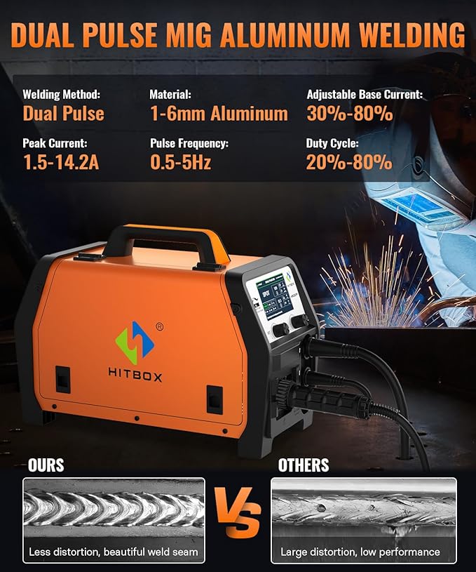 HITBOX Double Pulse Aluminum MIG Welder,All in 1,Gas MIG/Gasless Flux Core MIG/Stick/Lift TIG/Single Pulse/Dual Pulse Aluminum Welding Machine (HIM250DPP-US-D)
