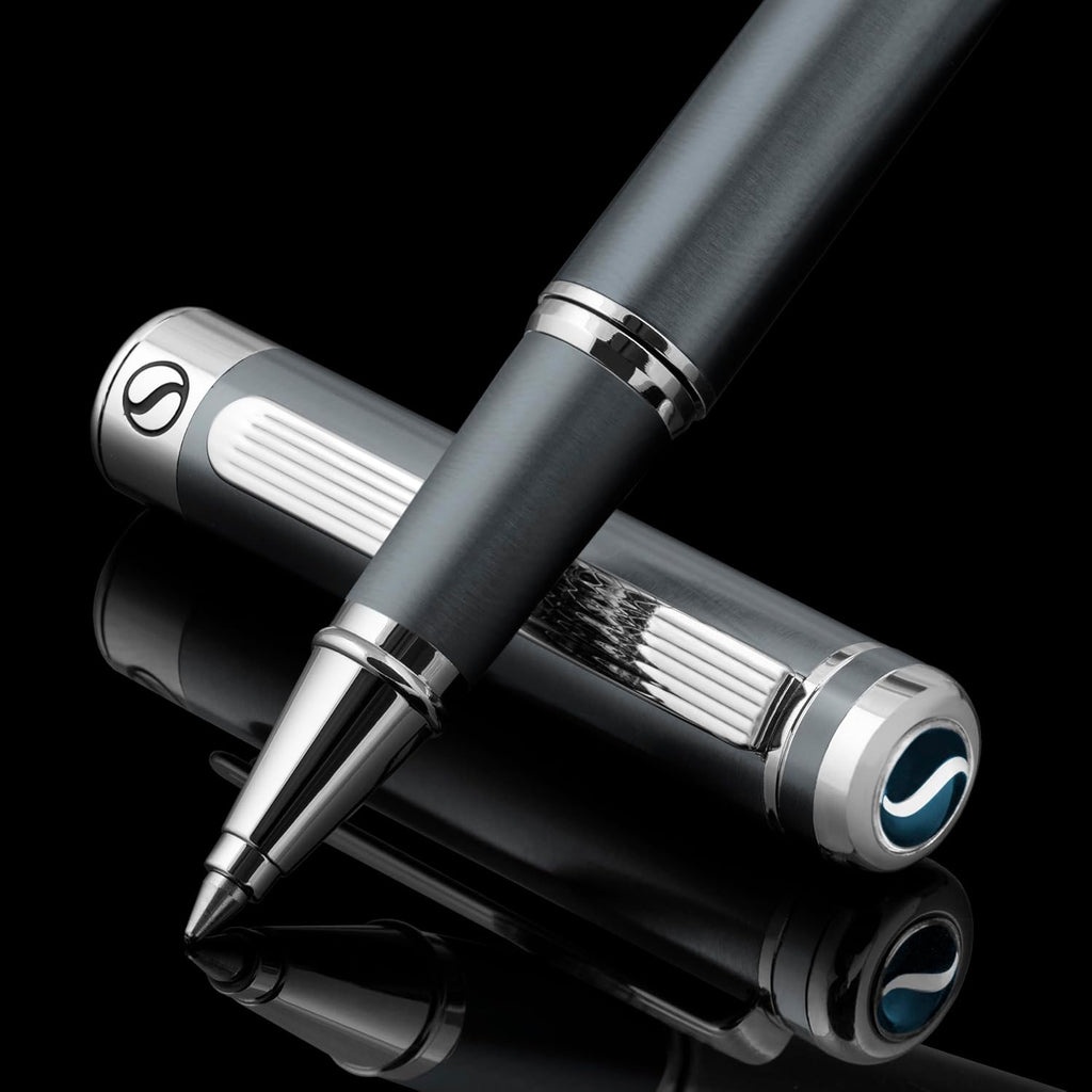Scriveiner Dark Grey Rollerball Pen - Stunning Luxury Pen With Chrome Finish, Schmidt Ink Refill, Best Roller Ball Gift Set for Men & Women, Professional, Executive Office, Nice Pens