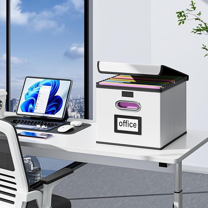 Huolewa Upgraded File Organizer Box with Lid, Collapsible Faux Leather Hanging File Folder Box Organizer with Plastic Slides, Decorative Home/Office Filing System Box for File and Folders Storage