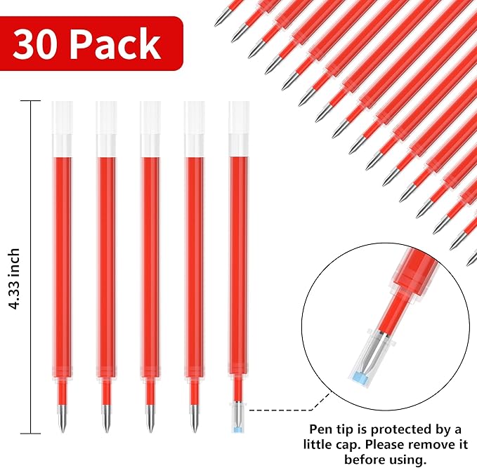 Retractable Gel Pen Refills, Shuttle Art 30 Pack Red Rollerball Gel Ink Pens Refills, Bulk Set, 0.7mm Fine Point for Writing Journaling Taking Notes School Office Home