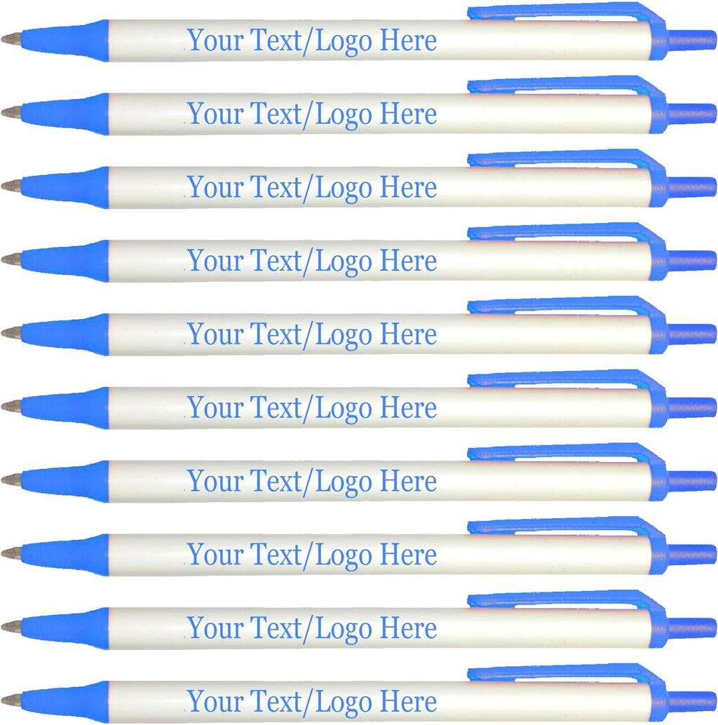 Personalized Click Stick Pens With your Custom Logo or Text-300 Pack Bulk-for Businesses, Parties, and Events, Custom Printed Retractable Slim Ballpoint Pens, Light Blue, Black Ink