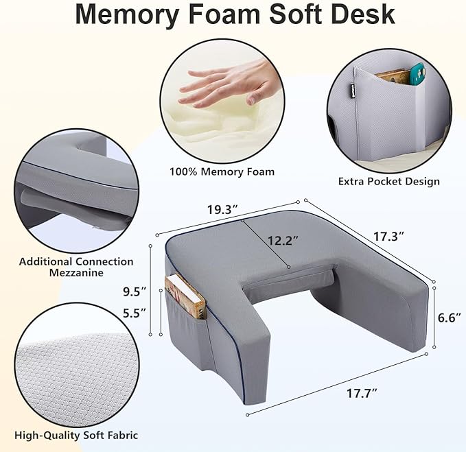 Lap Desk Pillow for Bed, Soft Arm Rest Pillow, Reading Lap Pillow, Memory Foam Reading Pillow, Laptop Lap Desk for arms for Reading, Working in Bed Couch(Grey)