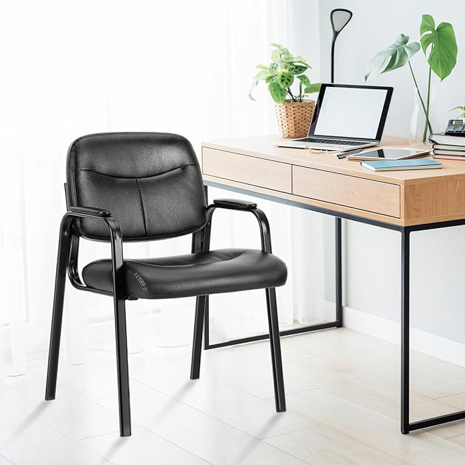 Sweetcrispy Office Guest Chair, Leather Stationary Waiting Room Chairs No Wheels with Padded Arms for Elderly Desk Conference Room Lobby Table Side Salon