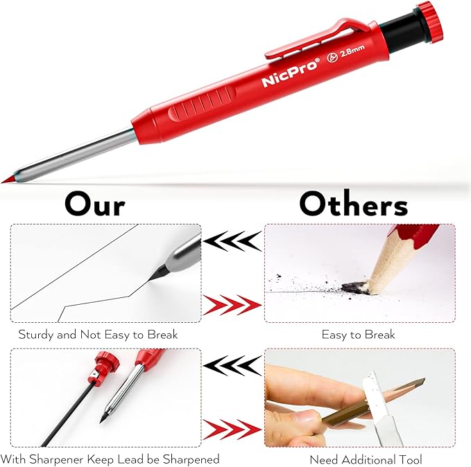 Nicpro Carpenter Pencil with Sharpener, Mechanical Pencils Set with 26 Refills, Deep Hole Marker for Construction, Heavy Duty Woodworking Pencils for Architect (Black, Red) - With Case