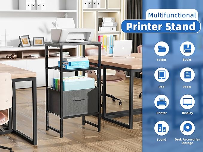 Printer Stand with Drawer Storage, 3 Tier - Heavy Duty Metal Shelving Unit with Wood Desktop, Industrial Printer Side Table with Wheels for Scanner Fax Machine, Black