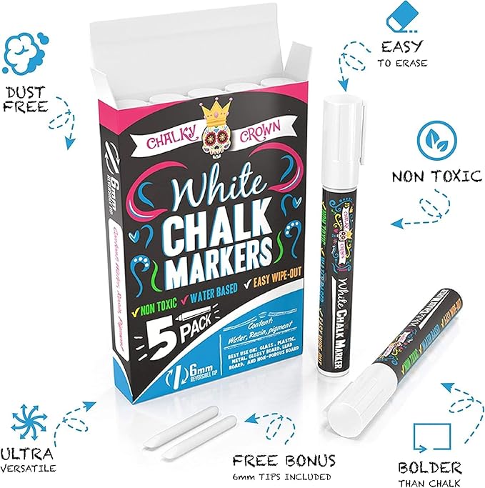 CHALKY CROWN Liquid Chalk Marker Pen - White Drawing Chalk - Chalkboard Markers for Chalkboard Signs, Windows, Blackboard, Glass - 6mm Reversible Tip (5 Pack)