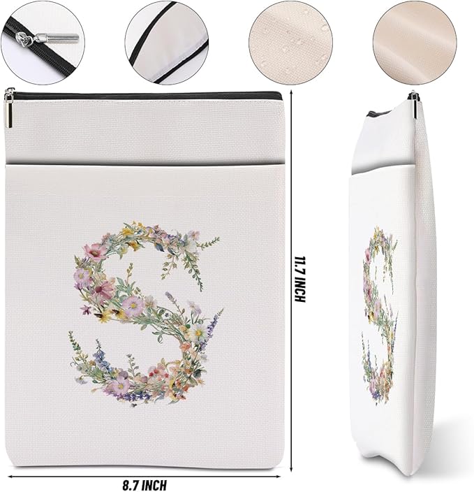Monogrammed Book Sleeve Floral S Initial Book Pouch Book Accessories Book Lovers Gifts Waterproof Book Cover Book Protector Bookish Gifts Personalized Gifts for Women Girls Readers Bride Sisters